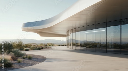 Modern building featuring curved architecture and glass walls reflects desert landscape