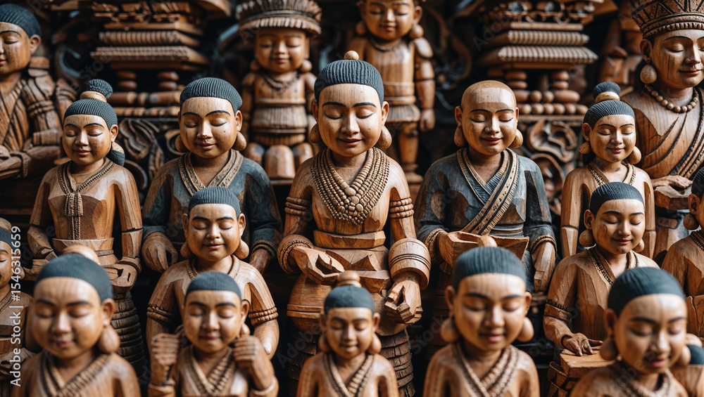 Fototapeta premium Intricate wooden carvings of serene buddha figures depicting peace and tranquility with detailed craftsmanship