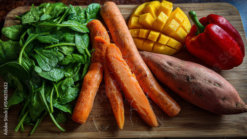 Fresh Vegetables and Fruits on Cutting Board