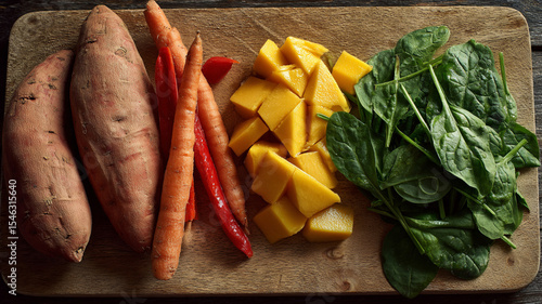Fresh Vegetables and Fruits on a Cutting Board