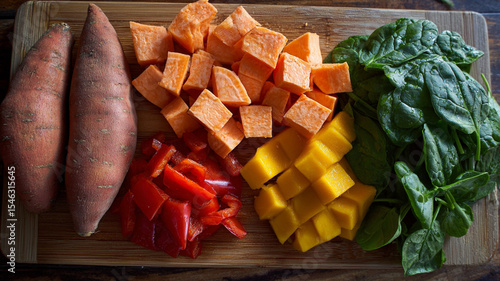 Fresh Vegetables and Fruits on a Cutting Board