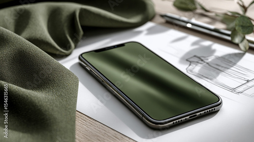 Stylish Smartphone on Wooden Surface with Green Fabric