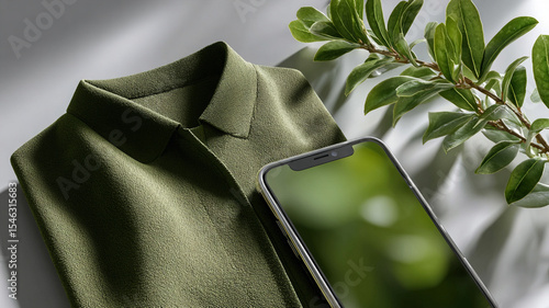 Olive Green Polo Shirt and Smartphone Close-Up