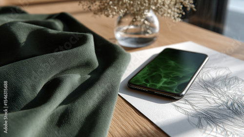 Smartphone and Fabric on Wooden Table