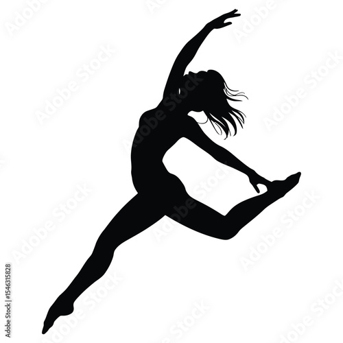 woman in Leap with extended arms dance pose, A striking black silhouette of a woman mid-leap or dance pose, showcasing dynamic movement and athleticism.