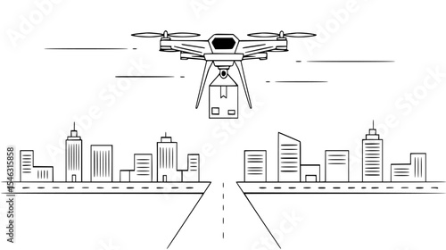 Drone Delivering Package Over Cityscape: A Modern Illustration of Urban Logistics and Aerial Delivery Systems