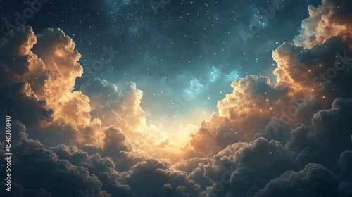 Dramatic cloudscape featuring golden light breaking through dark clouds beneath a starry night sky