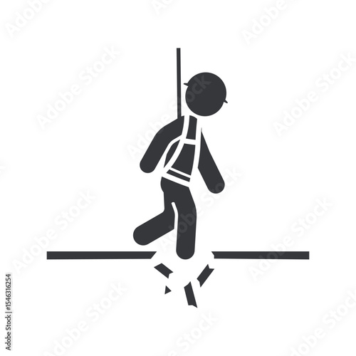 Isolated pictogram warning of fragile roof surface, cautioning workers to use body harness protection on thin and breakable areas