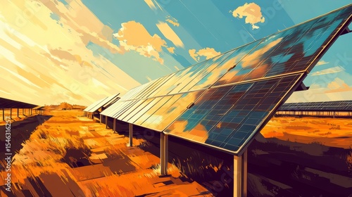 Vibrant Solar Panels Capturing Sunlight in a Desert Landscape Under Bright Blue Sky and Colorful Clouds, Representing Renewable Energy and Sustainability