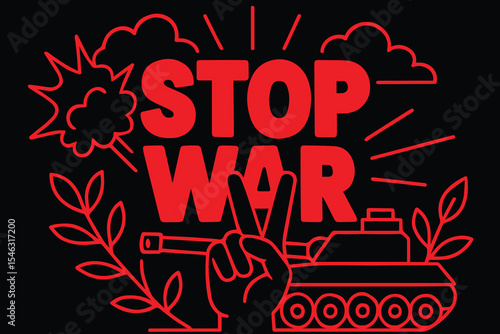 Vector background inspired by the “Stop War” theme, filled with impactful imagery such as barbed wire, peace doves, and strong protest slogans.