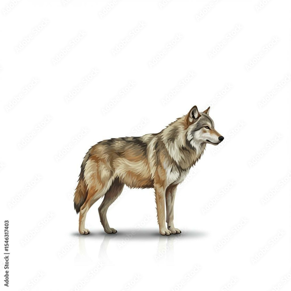Obraz premium Grey wolf standing profile detailed illustration 1024x1024 pixels white background