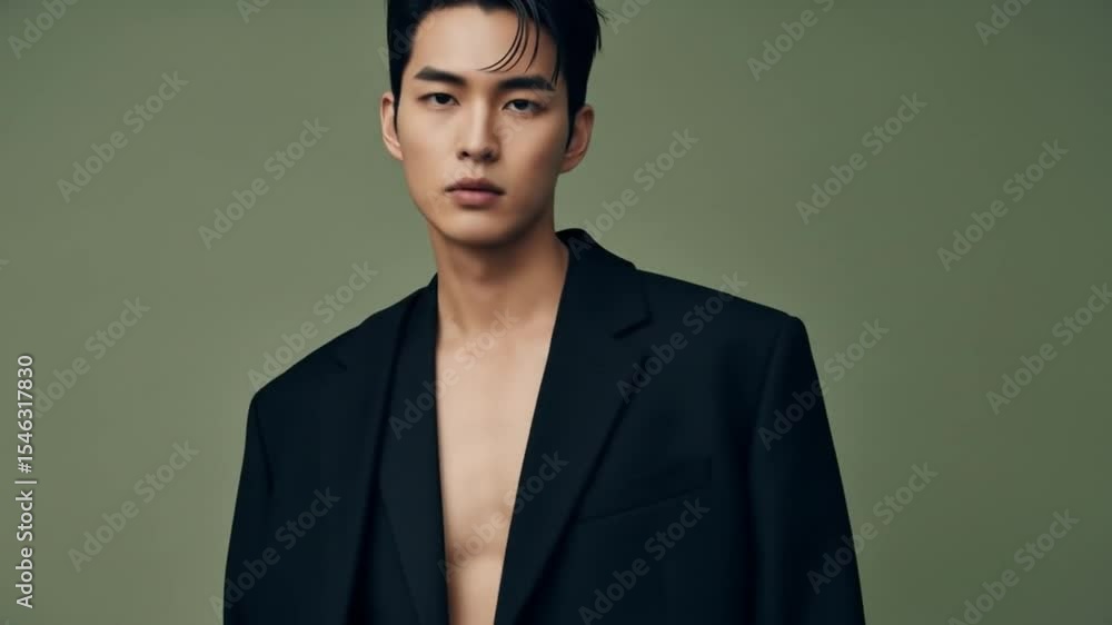 Portrait of a handsome asian man in a black blazer with dark hair against a neutral color background Portrait of a handsome asian man in a black blazer with dark hair against a neutral color background