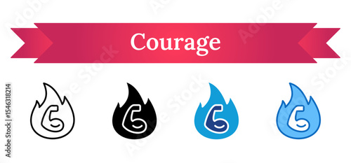 Courage - Multi Style Icon - Burning bicep symbol showing boldness, bravery, and inner strength to face challenges