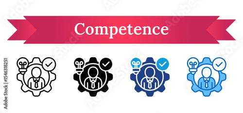 Competence - Multi Style Icon - Person inside gear with bulb and check, indicating skill, capability, and qualification