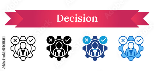 Decision - Multi Style Icon - Person with gear, check, and cross, representing critical thinking and leadership decisions