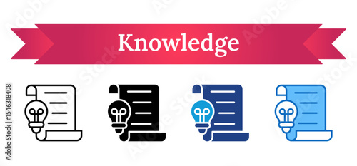 Knowledge - Multi Style Icon - Bulb and document scroll, reflecting intellectual resources, learning, and applied knowledge