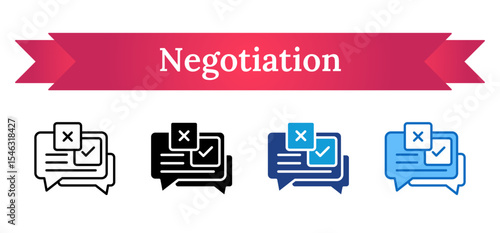 Negotiation - Multi Style Icon - Speech bubbles with check and cross, indicating conversation, decision-making, and bargaining