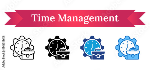 Time Management - Multi Style Icon - A clock and briefcase within a gear, showing effective time control in professional tasks