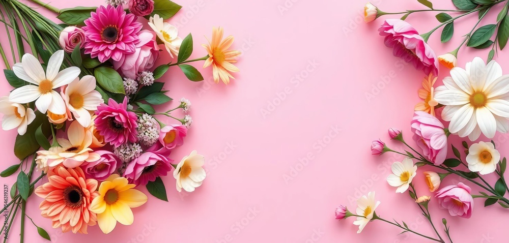 Fototapeta premium Elegant floral arrangement on pastel pink background, mother's day card, tulips