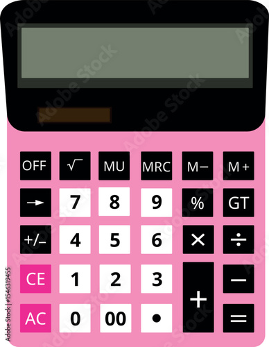A vibrant pink and black calculator illustration, featuring a clear digital display and standard numerical and operational buttons. The design is clean and isolated.