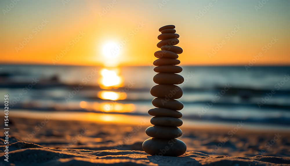 Obraz premium Serene Sunset Beach Balanced Stones at Golden Hour