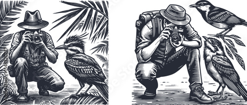 Vintage woodcut illustration set of photographer crouching with camera near exotic jungle bird, artistic grain texture print, rustic nature wildlife exploration engraving collection
