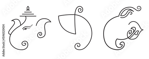 Minimalist Ganesha Line Art Collection, Set of Indian Religious Vector Illustrations