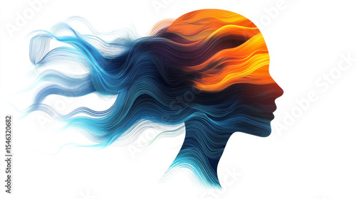 Abstract Waves Flowing into a Head Silhouette, Symbolizing Mindfulness, Mental Clarity, and Calmness in the Workplace