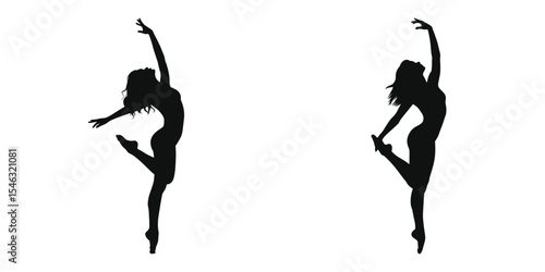 woman in one Hand on waist and one hand upward dance pose, Two dynamic silhouettes of female ballet dancers in mid-air poses, showcasing flexibility and athleticism.