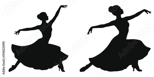 woman in Paso Doble dramatic lunge dance pose, Black and white silhouette image of two women performing elegant dance moves, likely ballet or flamenco.