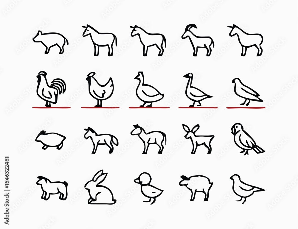 Fototapeta premium black and white Farm Animal Icon Set – Minimalist Line Art Illustrations of Domestic Livestock and Poultry for Agriculture, Education, and Graphic Design Projects.