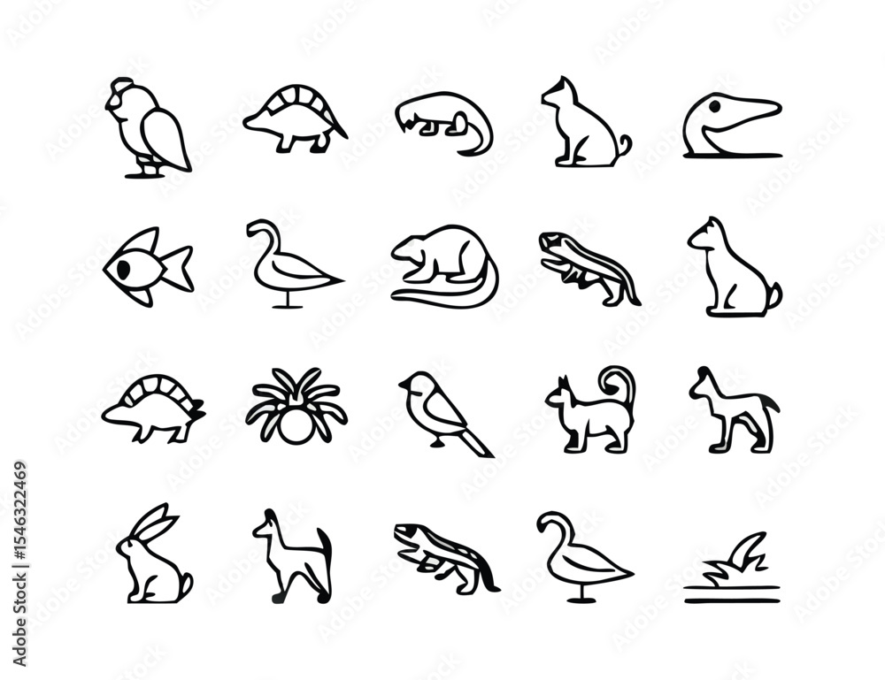 Obraz premium black and white Farm Animal Icon Set – Minimalist Line Art Illustrations of Domestic Livestock and Poultry for Agriculture, Education, and Graphic Design Projects.