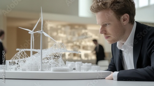 Young architect examining a detailed architectural model featuring wind turbines and futuristic structures in a modern workspace with bright lighting