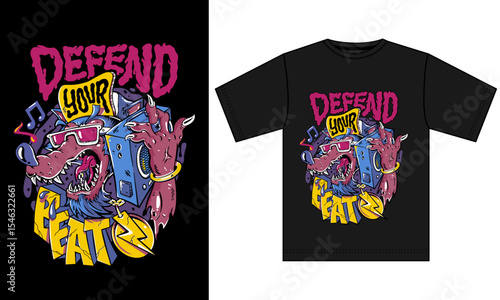 "Defend Your Beat" T-shirt Design: A vibrant and energetic t-shirt design featuring an illustrated character, embodying the spirit of defending and amplifying creative expression in the music world.