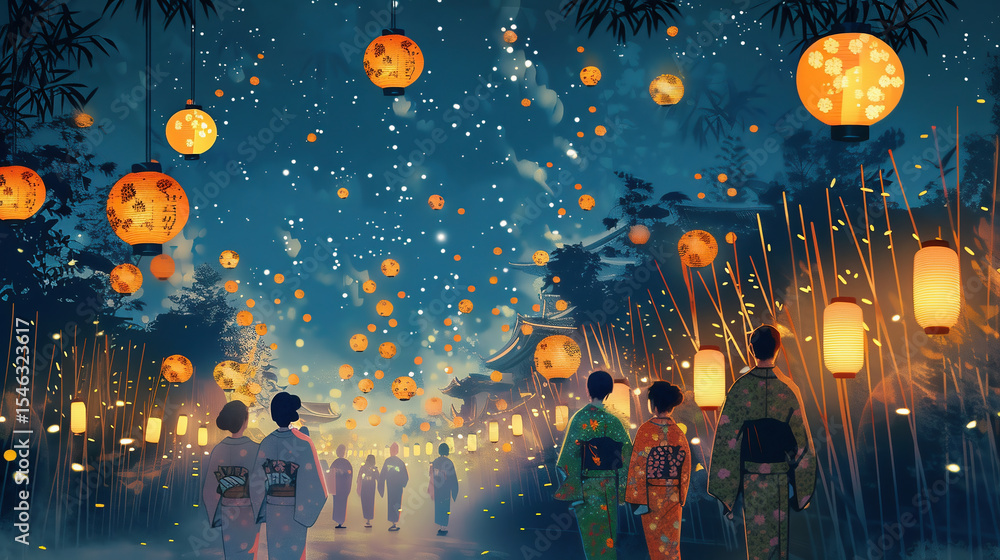 Obraz premium 星降る参道に灯る七夕の夜