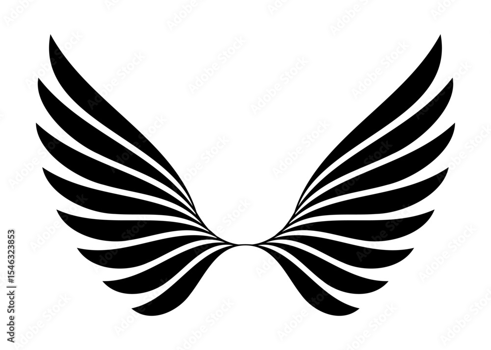 Fototapeta premium Stylized black wings with multiple layered feathers spread wide against a clean white background
