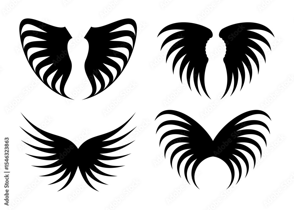 Fototapeta premium Collection of four stylized black wing silhouettes with a feathered appearance on a white background