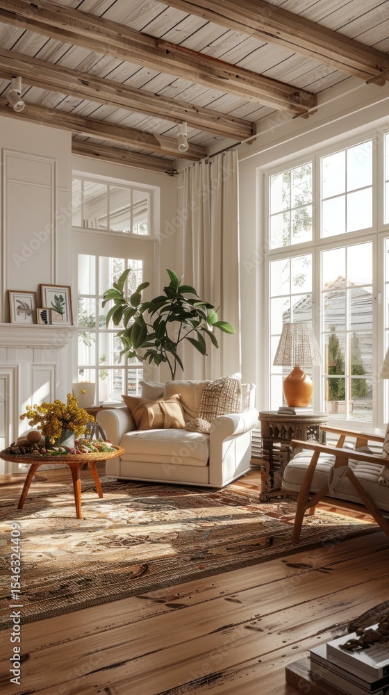 Fototapeta premium Sun-drenched living room with exposed beams, cozy furniture, and a view