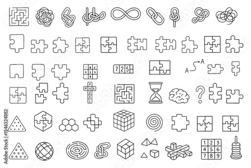 Puzzles, jigsaw puzzles and mazes set in doodle style. Collection of games, brain teasers, puzzles hand drawn. International Puzzle Day