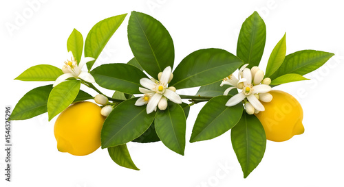 Lemon branch with blossoms 3d rendered isolated on transparent background