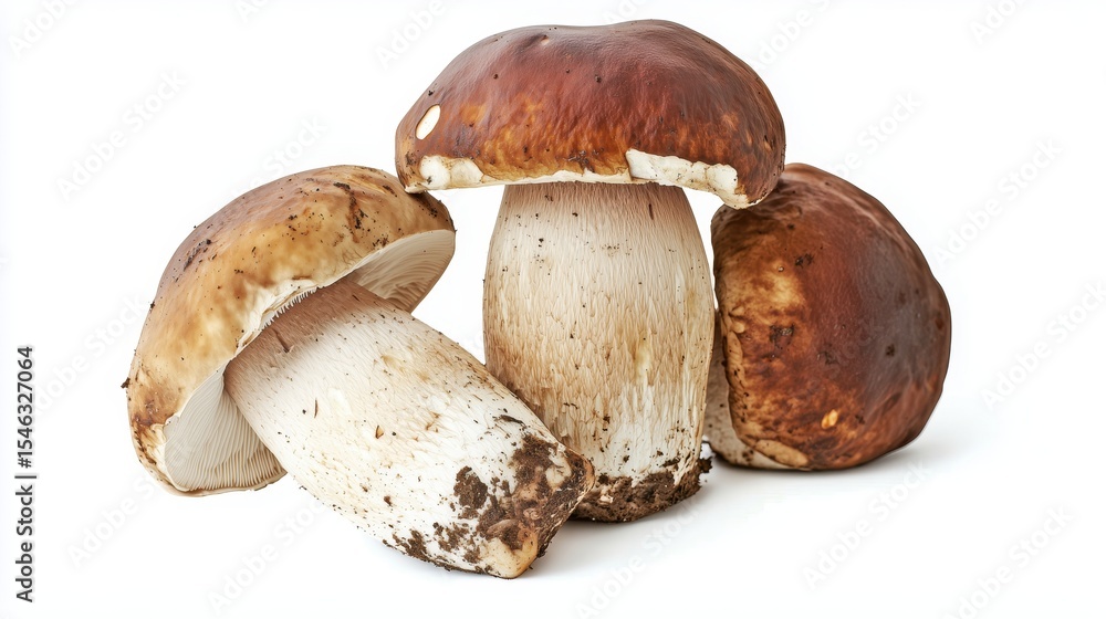 Fototapeta premium Three Fresh Boletus Mushrooms with Stumpy Bases and Thick Caps Isolated on a Pure White Background