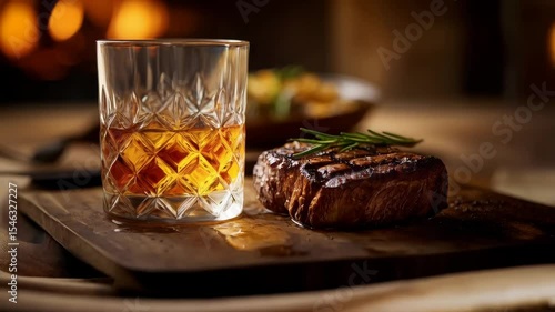 Enjoying a perfectly grilled steak paired with whiskey in a cozy dining setting
