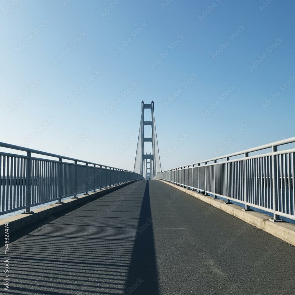 Fototapeta premium Suspension bridge walkway path metal railings clear blue sky Clear Sky