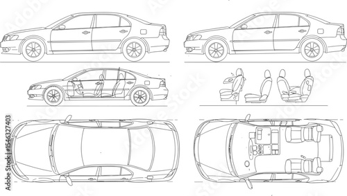 Car blueprint vector illustration, sedan technical drawing, interior and exterior layout, side and top view diagram, automotive engineering design, vehicle plan schematic for design use