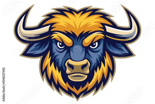 Fierce blue buffalo mascot stares intently forward with golden mane and imposing horns