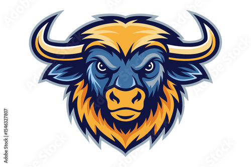 Blue cartoon bull mascot stares forward intensely with yellow fur isolated on white