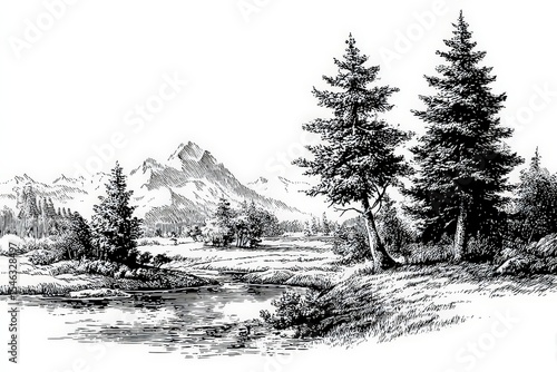 Serene monochrome landscape drawing. Ideal for nature, travel, and design projects. Perfect for print, web, and social media.