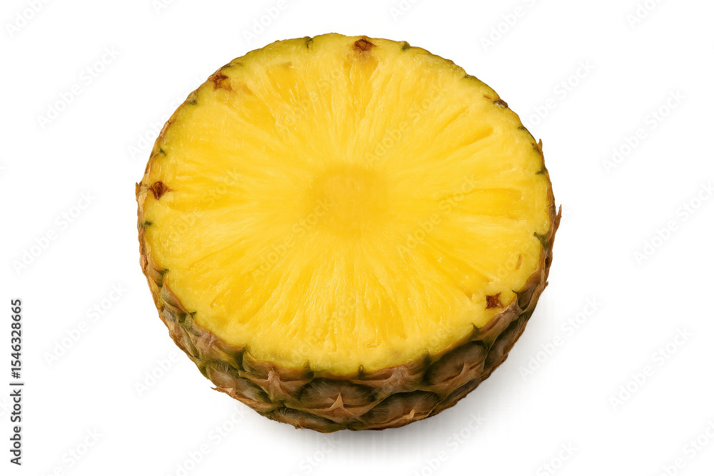 Fresh pineapple slice revealing golden, succulent interior, cut open against transparent backdrop Fresh pineapple slice revealing golden, succulent interior, cut open against transparent backdrop