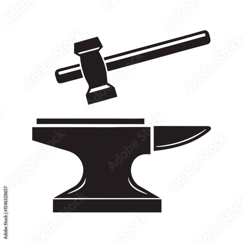 Black Silhouette Anvil and Hammer Isolated on White Background Simple Metalworking Tool Icon Graphic Design Element 1