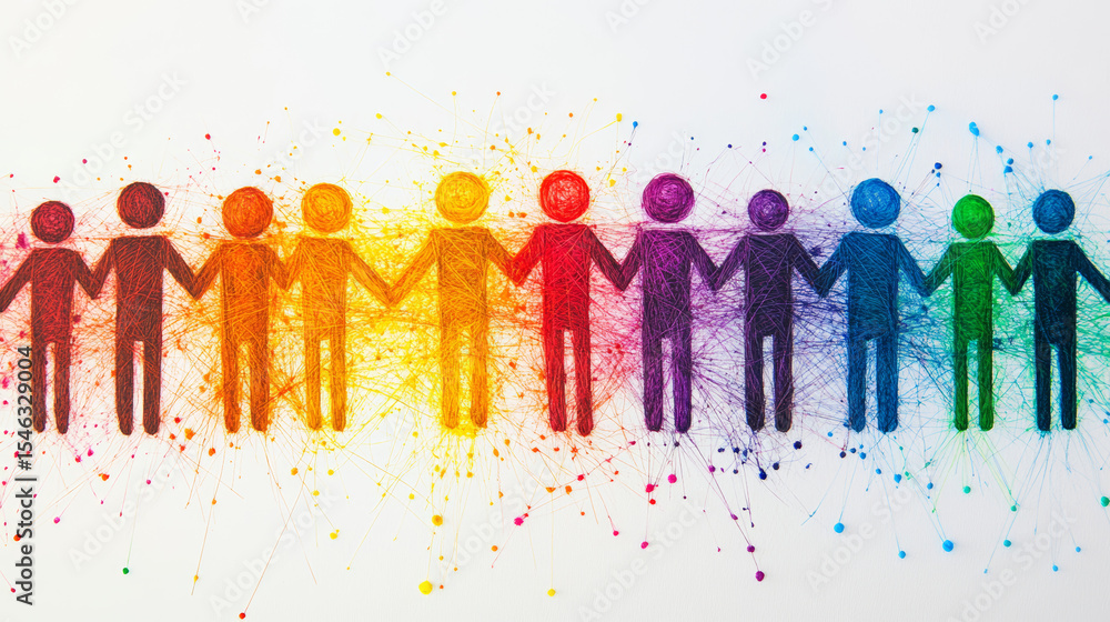 Obraz premium Abstract Art of Team Members Connected by Colorful Threads, Symbolizing Emotional Bonds, Unity, and Collaborative Relationships